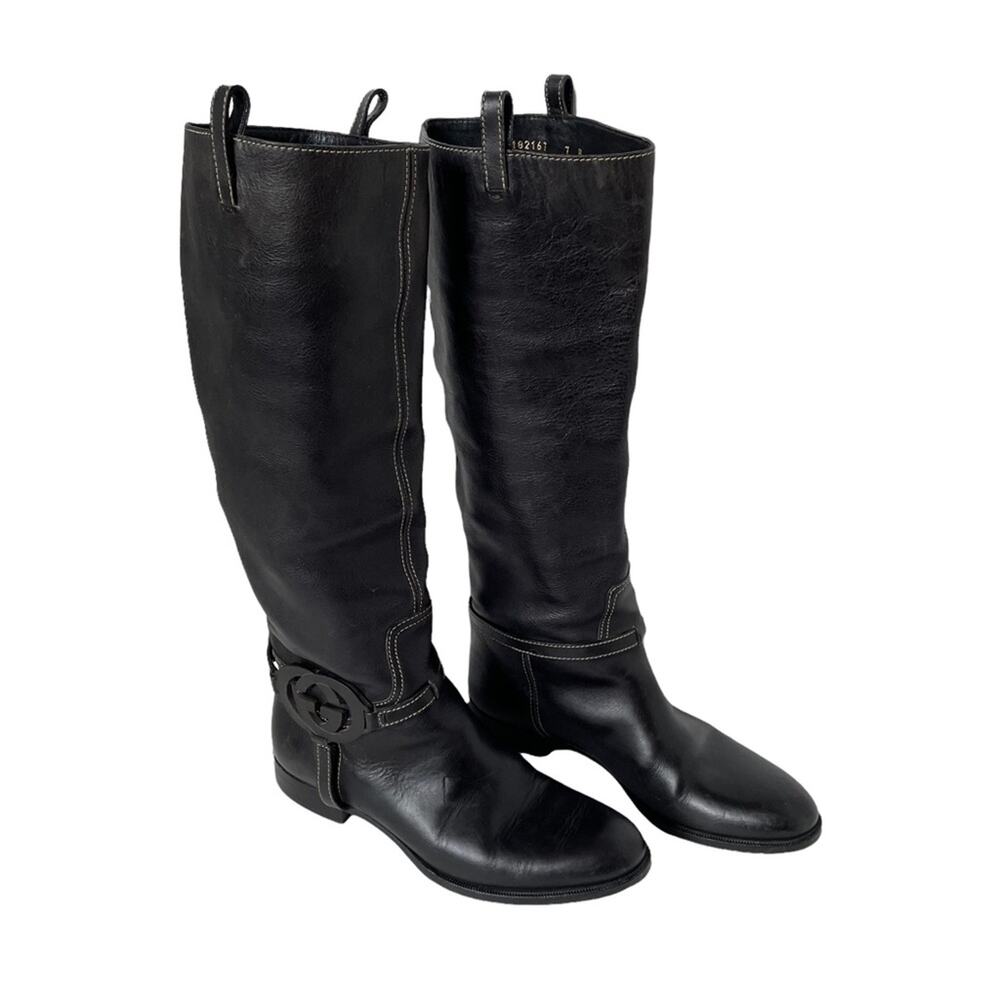 Gucci Interlocking G Logo Tall Riding Boots Knee Leather Black 7 GUC - Picture 7 of 16